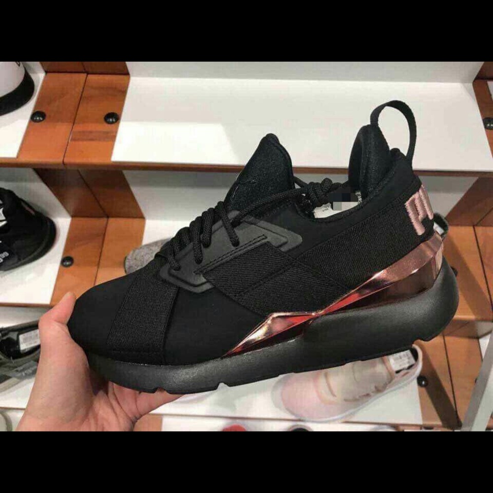 Black and rose gold puma metal muse shoes